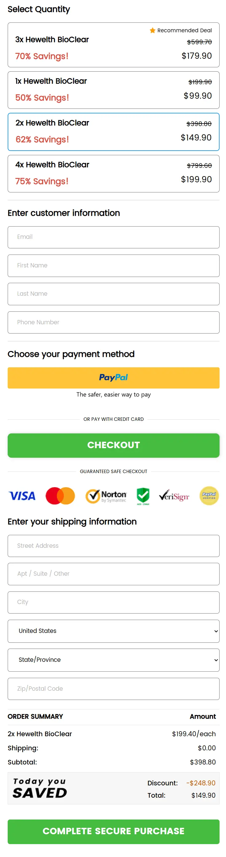 Hewelth™ BioClear secure checkout page